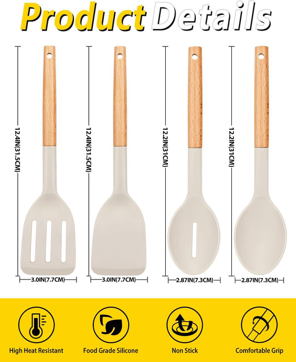 Pack of 4 Silicone Cooking Utensils Set, Non Stick Solid Spatulas and Heat Resistant Slotted Spoons with Wooden Handle, Ideal Wood Kitchen Utensils Set for Frying,Serving,Turning,Stirring (KHAKI)3