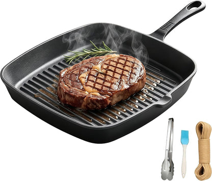 Cast Iron Grill Pan 9.5" Square Griddle Skillet with Pour Spout Oven Safe1