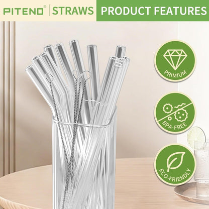 ® 12Pcs Glass Straws with 4Pcs Brushes, Reusable Clear Glass Drinking Straws, 8.5''X10Mm, Set of 6 Straight and 6 Bent with 4 Cleaning Brushes, Perfect for Smoothies, Milkshakes, Juice, Tea4