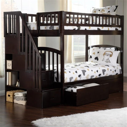 Wood Staircase Storage Bunk Bed, Twin over Twin, Espresso Finish, Eco-Friendly Hardwood, 2 under Bed Drawers, 4 Staircase Drawers, 3 Built-In Shelves, Kids Room Furniture1