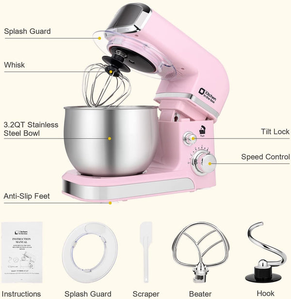 Stand Mixer,3.2Qt Small Electric Food Mixer,6 Speeds Portable Lightweight Kitchen Mixer for Daily Use with Egg Whisk,Dough Hook,Flat Beater (Pink)3