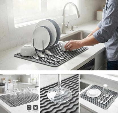 Silicone Dish Drying Mat, Grey, 16"×12" | Quick-Dry Ridges, Heat-Resistant Trivet to 450°F, Non-Slip & Dishwasher Safe, Roll-Up Storage, 18 Colors & 9 Sizes Available3