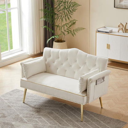 55-Inch Modern Velvet Loveseat Sofa with Gold Metal Legs & Side Pockets, Tufted Backrest, Perfect for Living Room, Bedroom, or Office (Modern Beige)3