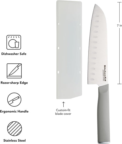 Kitchenaid Classic Santoku Knife with Custom-Fit Blade Cover, Sharp Kitchen Knife, Japanese Stainless Steel Blade, 7 Inch, Gray2
