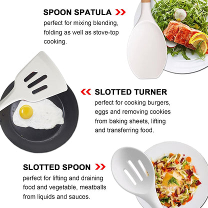 Kitchen Cooking Utensils Set 6Pcs Non-Stick Silicone Kitchen Utensils Spatula Spoon Turner Ladle Pasta Server, Heat Resistant Wooden Handle Silicone Cooking Gadgets Sets for Cookware & Baking5