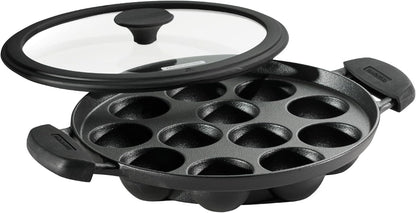 Utsava Pre-Seasoned Cast Iron 12-Hole Appam Pan | Appe Pan with Lid, Great for Paniyaram, Takoyaki and More1