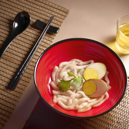 Unbreakable Ramen Bowl Set with Chopsticks and Spoon: 2 Large Japanese Style Melamine Ramen Bowls, Dipping Bowls and Chopstick Stands for Asian Pho Soup Thai Miso Udon Wonton (2 Bowl Set, Red-Black)7