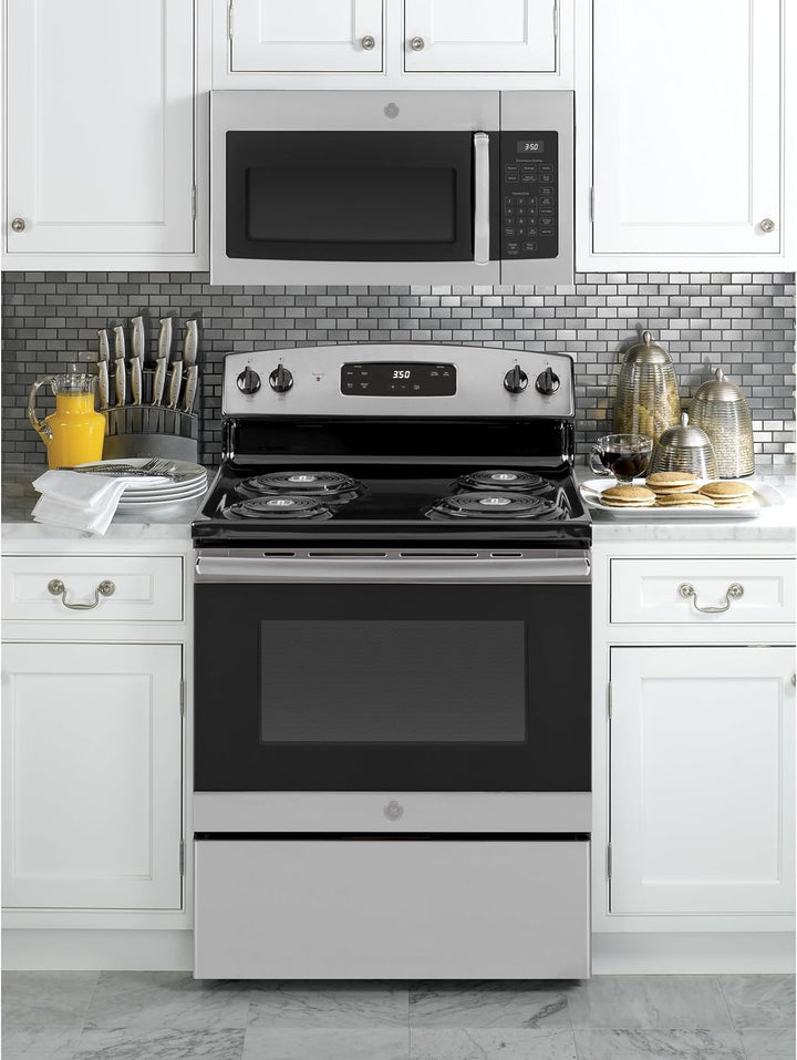 GE 30" Over-The-Range Microwave, 1.6 Cu. Ft., 1000 Watts, 300 CFM Hood Vent, LED Lighting, Auto Defrost, Easy Mount Install, Stainless Steel, JVM3160RFSS+2