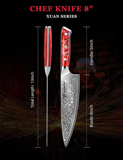 Chef Knife - 8 Inch - Xuan Series - VG10 Damascus Steel Kitchen Knife - Resin Handle (Sunset Red)4