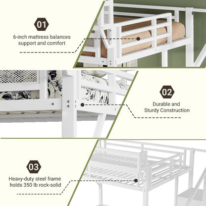 Queen Size Loft Bed with Stairs and Storage, Metal Loft Bed Frame with Bedside Shelf and Large Under-Bed Space, Heavy-Duty Loft Beds for Adults Teens and Kids, Convertible Staircase, White5