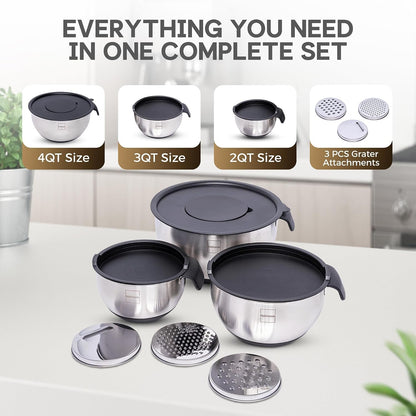 Stainless Steel Mixing Bowls Set of 3, Large Nesting Bowls with Airtight Lids for Food Prep, Cooking, Baking, Salad, and Outdoor Dining (Black, 3 Pcs)3