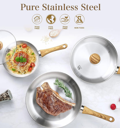 Stainless Steel Pan 10 Inch, Tri-Ply Bottom Stainless Steel Frying Pan with Heat-Resistant Bakelite Handle, 10 Inch Skillet with Lid for Cooking, Induction Compatible Steel Pan6