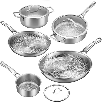 Titanium Cookware Set, 8 Piece Pots and Pans Set with Lid, Hammered Non-Stick Frying Pans, Pfas/Pfoa/Ptfe-Free, Dishwasher & Oven Safe, Compatible with Gas & Induction Cooktops1