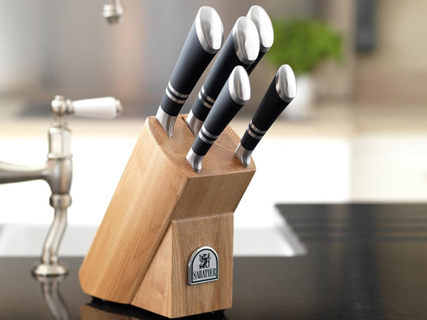 Maison Professional Chef Knife and Block Set, 5X Premium Steel Kitchen Knives and Wooden Block, 5 Piece, Ash3