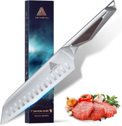 7 Inch Santoku Knife, Full Tang Kitchen Knife with Hollow-Ground Blade, High Carbon Stainless Steel Chef Knife for Meat, Vegetables & Fruits, Ergonomic Metal Handle, Premium Gift Box1
