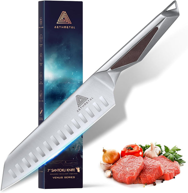 7 Inch Santoku Knife, Full Tang Kitchen Knife with Hollow-Ground Blade, High Carbon Stainless Steel Chef Knife for Meat, Vegetables & Fruits, Ergonomic Metal Handle, Premium Gift Box1