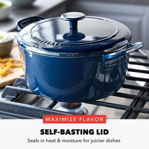 X Bobby Flay 5.5QT Enameled Cast Iron Dutch Oven with Lid, Navy | Casserole Pot for Braising, Stews, Bread Baking & Searing, Self-Basting Lid, Induction Ready, Oven Safe to 5007