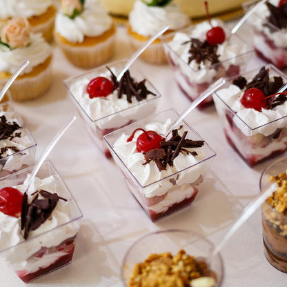 50 Pack 3 Oz Square Mini Dessert Cups with Lids and Spoons Clear Dessert Shooter Cups with Spoons Parfait Cups with Lids Appetizer Cups for Party Small Plastic Dessert Cups for Pudding7