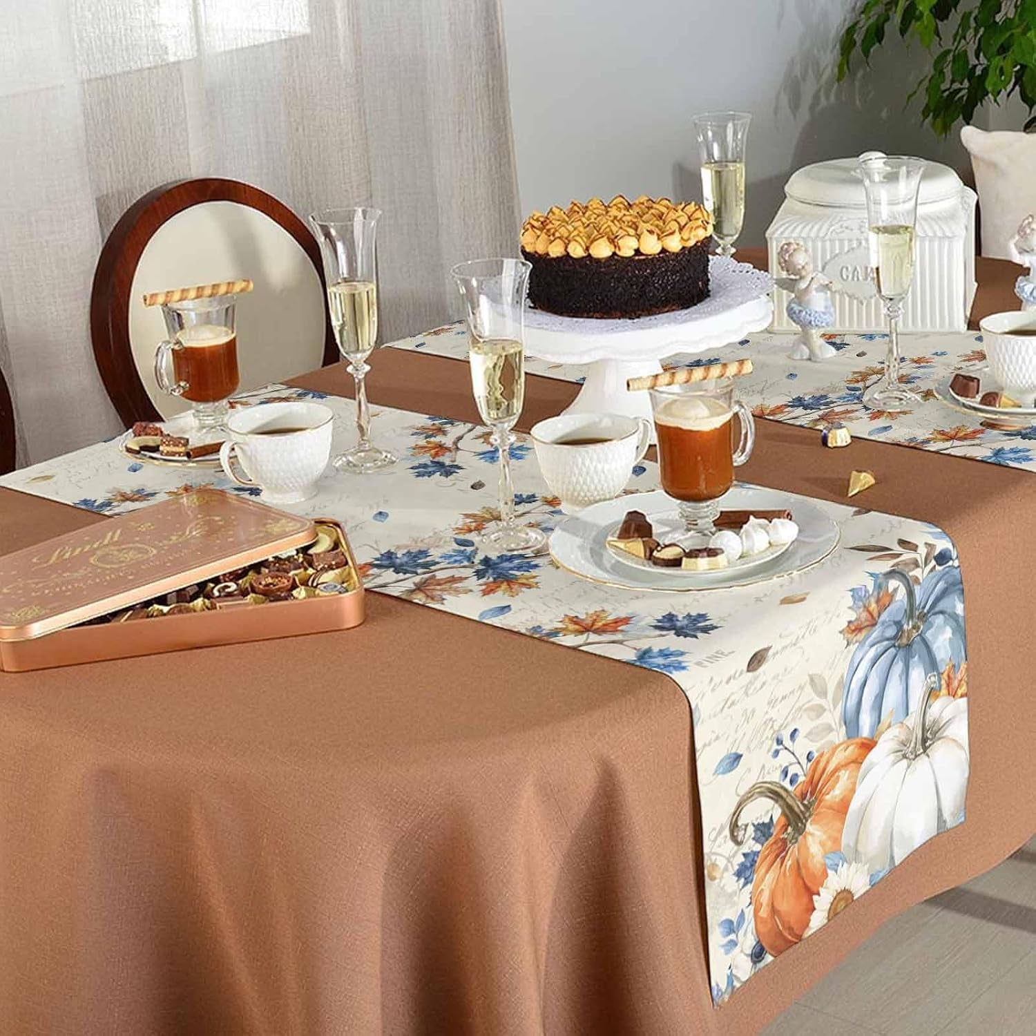 fall-navy-blue-pumpkins-table-runner-36-inch-long-thanksgiving-maple-leaves-kitchen-dining-table-runner-dresser-scarves-rustic-white-orange-pumpkin-decor-for-coffee-table-party-banquet