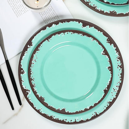 Rustic Melamine Dinnerware Set,12Pcs Plates and Bowls Sets-Green6