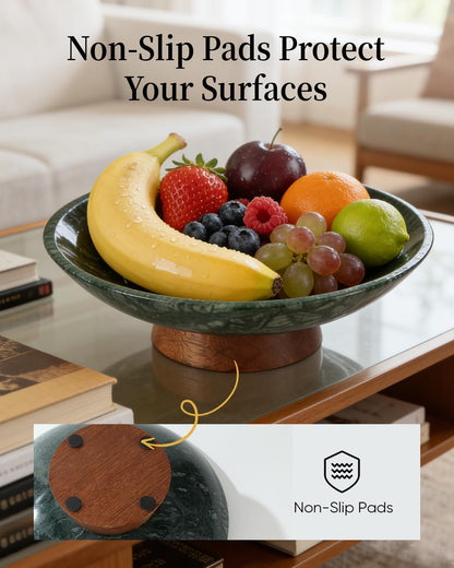 Marble Decorative Bowl, 11” Large Centerpiece for Table, Fruit Bowl for Kitchen Counter, Coffee Table or Entryway Decor, Natural Marble with Wood Base, Unique Home Gift - Green6