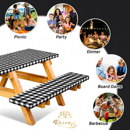 Vinyl Fitted Picnic Table Cover with Bench Covers & Bag 6Ft Black Checkered |  Outdoor Waterproof, Windproof Tablecloth with Elastic Edges. Camping RV Gear Campers Must Have 72X30 Inches5