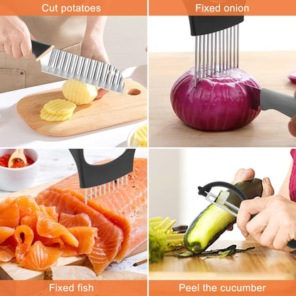 Crinkle Cutter with Onion Holder for Slicing and P-Type Peeler, Stainless Steel Wavy Slicer with Handle, Crinkle Cutter for Veggies, Potatoes(Set of 3)5