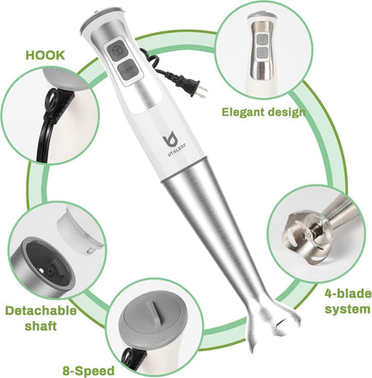 Immersion Hand Blender with Chopper - Puree Baby Food, Sauce & Soup | 8-Speed, Pure Copper Winding Motor, 5.2 Feet Power Cord, 4-Point Ice Crush Blade, 500Ml Chopper, 600Ml Vessel, Whisk, Frother2