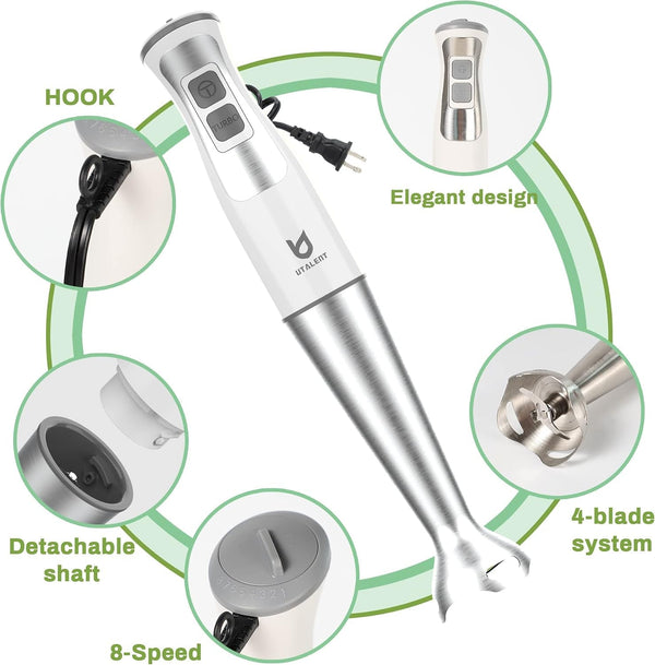 Immersion Hand Blender with Chopper - Puree Baby Food, Sauce & Soup | 8-Speed, Pure Copper Winding Motor, 5.2 Feet Power Cord, 4-Point Ice Crush Blade, 500Ml Chopper, 600Ml Vessel, Whisk, Frother2