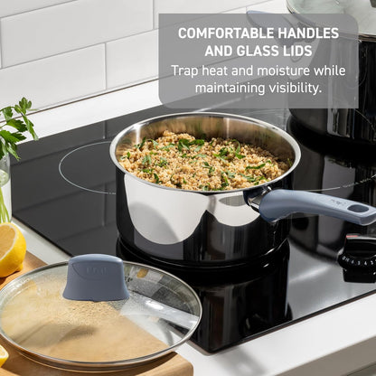 Essentials Stainless Steel Cookware Set 12 Piece, Induction Compatible, Oven Safe 350F, Cooking Set W/Stewpots, Stockpot, Saucepan, Lids & Tools, Measuring Marks, Dishwasher Safe, Silver/Blue7