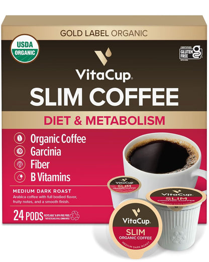 Slim Organic Medium Dark Roast Coffee Pods for Diet Support, 24Ct | B Vitamins1