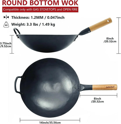14 Inch Carbon Steel Wok with round Bottom-Free Chemical Cookware for Gas Stoves, Open Fire-Hand Hammered Chinese Traditional Wok with Bamboo Handle(No Lid Included)2