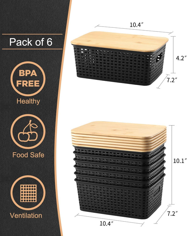 Storage Bins with Bamboo Lids Set of 6 Lidded Storage Container Plastic Baskets Organizer Bins for Organizing Kithen Room Bedroom Office Closet, Sturdy(Black)8