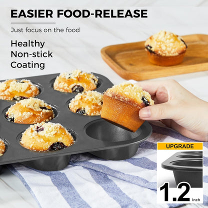 Muffin Pan for Baking, Nonstick Cupcake Tin 12 Cup, 2 Pack Cup Cake Tray, Premium Cheesecake Pans, Dishwasher Safe - Dark Grey2