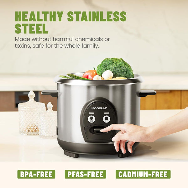3-Cup Uncooked Rice Cooker Small, Stainless Steel Non-Toxic Inner Pot, One-Touch Multifunction for Rice/Sauté/Yogurt, Dishwasher Safe, 1-3 People Size, Silver3