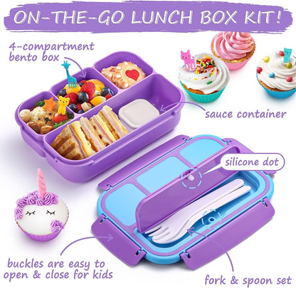 Bento Lunch Box for Kids Girls Boys, Toddler Kids Lunch Boxes for School, Lunch Containers for Adults with 4 Compartments, Sauce Container, Utensils, Food Picks and Muffin Cups, Purple3