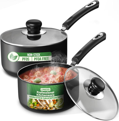 Nonstick Saucepan Set with Lids 1 QT 2 QT Pots PFOS Free | Multipurpose Cooking Pots Set, Nonstick Coating, Even Heat Distribution, Durable, Bakelite Handles, Dishwasher Safe1