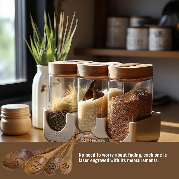 Wooden Measuring Cups and Spoons Set - Eco-Friendly Solid Acacia Wood, Laser Engraved Measurements, Perfect for Baking & Cooking - Ideal for Bakers, Chefs & Home Cooks（Brown）4