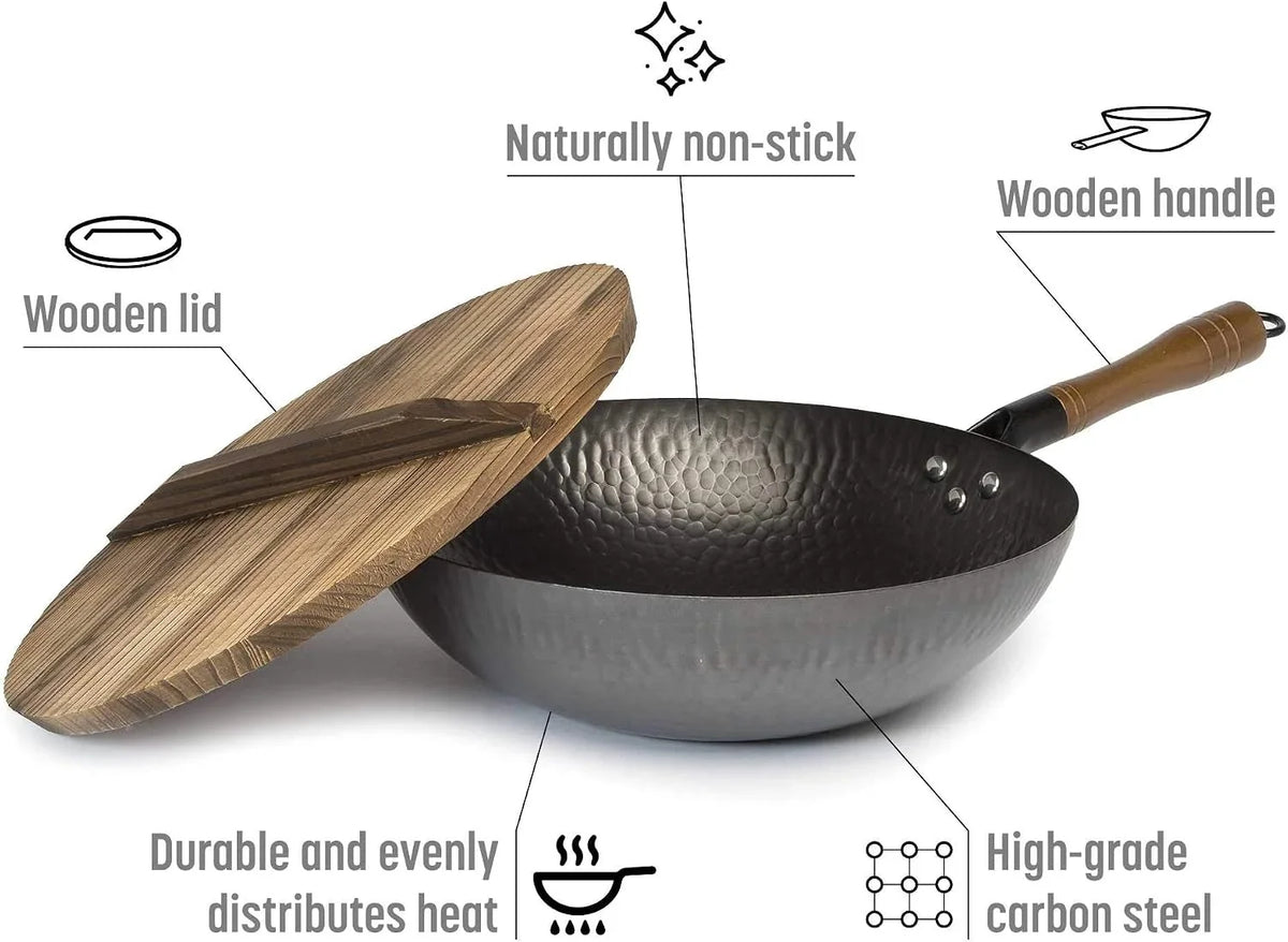 hammered-carbon-steel-13-inch-wok-pan-with-lid-black-non-stick-compatible-with-most-cooktops