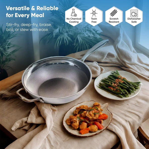 Honeycomb 3Ply Stainless Steel Wok Pan 11 Inch/28Cm with Lid Flat Bottom - Coating-Free Non-Stick Stir Fry Pan - Advanced, Scratch-Resistant Design with Stay-Cool Long Handle5