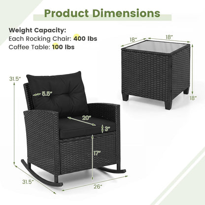 3 Pieces Patio Rocking Chair, Black Wicker Bistro Set (Black)3
