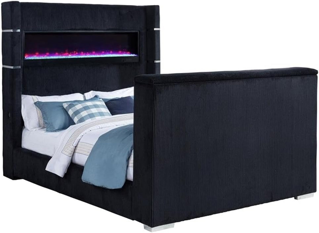 california-king-wingback-tv-bed-pine-frame-black-faux-fur-style-corduroy-flame-visualizer-headboard-hidden-motorized-tv-mount-usb-ports-modern-bedroom-furniture-for-tech-forward-use