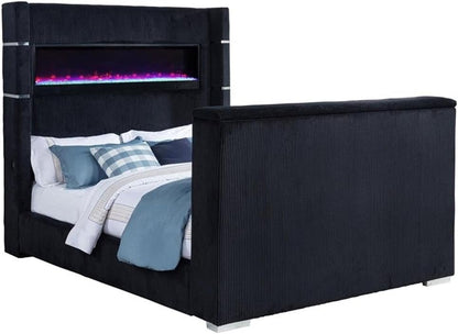 California King Wingback TV Bed, Pine Frame, Black Faux Fur-Style Corduroy, Flame Visualizer Headboard, Hidden Motorized TV Mount, USB Ports, Modern Bedroom Furniture for Tech-Forward Use5