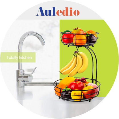 Iron 2-Tier Countertop Fruit Vegetables Basket Bowl Storage with Banana Hanger, Black, 64 Ounces2