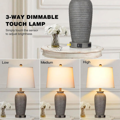 25" Farmhouse Jar Table Lamps Set of 2, 3 Way Touch Control Rustic Bedside Lamps with USB A+C Ports & AC Outlet, Pot Nightstand Lamps for Bedroom Living Room (LED Bulbs Included)3