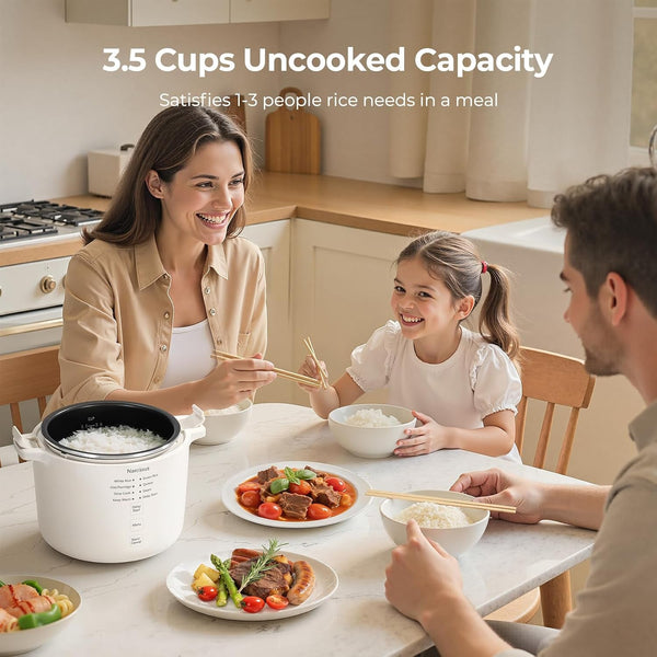 Rice Cooker with Removable Pfas-Free Nonstick Pot, 3.5-Cup Capacity for 1-3 People, Multifunctional for Rice, Oatmeal, Quinoa, Slow Cook, Steam, Can Steam & Cook Simultaneously, Rice White4