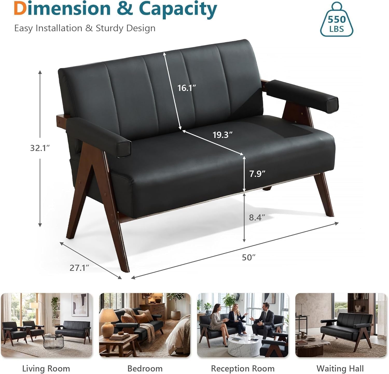 50-small-black-faux-leather-sofa-couch-wooden-office-loveseat