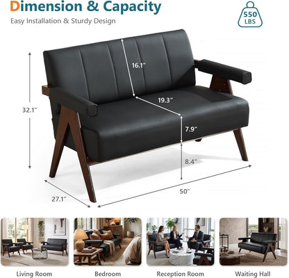 50" Small Black Faux Leather Sofa Couch, Wooden Office Loveseat2