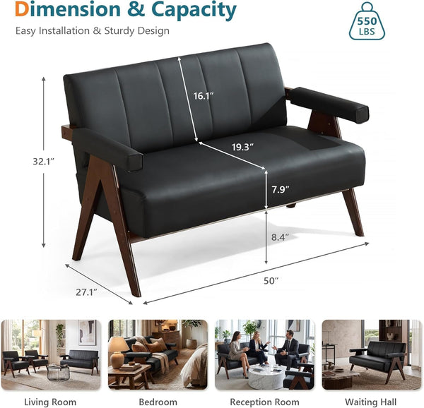 50" Small Black Faux Leather Sofa Couch, Wooden Office Loveseat2