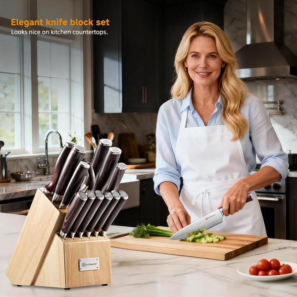 14 Pcs Kitchen Knife Set with Block, Ultra Sharp Knife Block Set | Japanese High Carbon Stainless Steel, Professional Chef Knife Set with Ergonomic Pakkawood Handle and Sharpener6